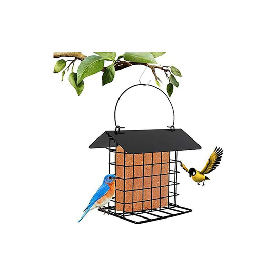 Hanging Bird Feeder, Metal Material Wild Bird Feeder House Shape Suet Blocks Squirrel Proof Fat Balls Block Feeder with Roof and s Hanging Hook for