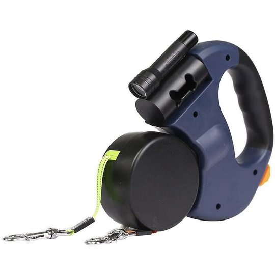 Automatic retractable leash with led flashlight one drag two double head dog leash blue - Muff