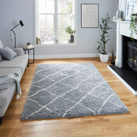 (Grey/Cream, 160 x 220 cm) Diamond Geometric Shaggy Rugs Nordic Scandi Barber Style Rug Soft Warm Small XL Large Living Room Bedroom Carpet Mat 4cm Th