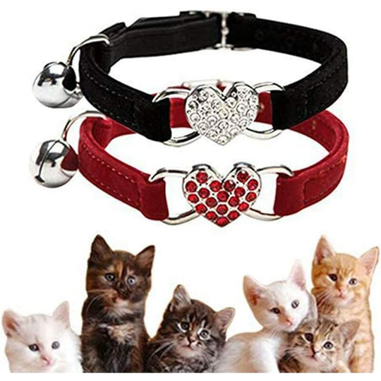 Litzee - 2pcs Lovely Kitten Collar, Cat Collar with Bell and Elastic Strap black,red
