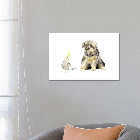 German Shepherd Puppy and Cockatiel by Wandering Laur - Wrapped Canvas Painting