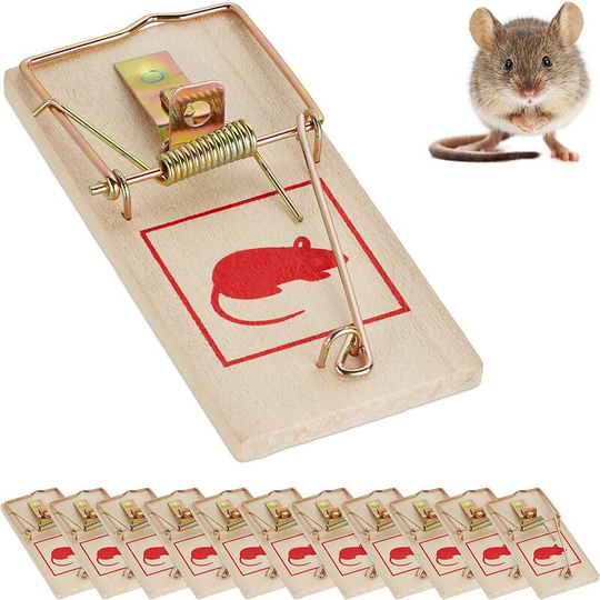 Mousetrap in set of 12, classic traps, reusable, poison free, mousetrap, metal, wood, nature - Rhafayre