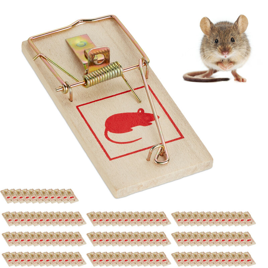 Set of 120 Mousetraps, Classic Mice Trap, Reusable, No Poison, Animal Trapping, Metal Hanger, Wooden, Natural - Relaxdays