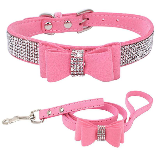 Dog Collar, Cute Dazzling Sparkling Soft Suede Leather Dog Cat Rhinestone Collar Crystal Diamond Pet Dog Puppy Collar (1setpink)