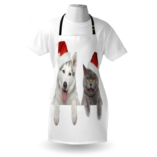 Dog and Cat in Santa Red Hats Funny Puppy and Kitty Domestic Pet Apron