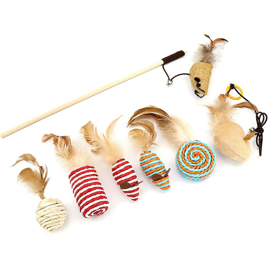 Interactive Cat Toys 7 Pieces Cat Toy Set Pet Interactive Toy Cat Toy With Replaceable Feathers Kitten Cat Funny Gift Box