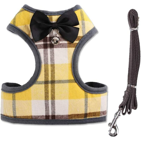 Pet Harness + Pet Leash - Classic Plaid Kitty Lead Rope Puppy Harness Set for Small Dogs Large Cats (m, Yellow Plaid)