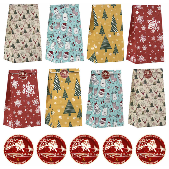 Benobby Kids - 48 pieces Christmas Party Treat Bags Christmas Paper Bag For Gifts, Label Stickers Christmas Candy Goodies Gift Present Package Bag