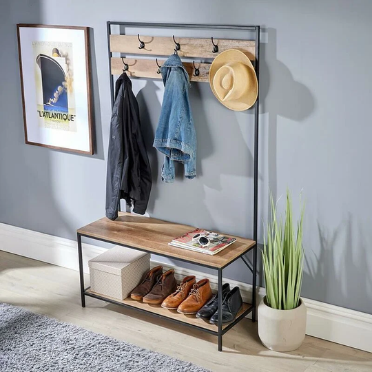 Hallway Coat Rack Storage Bench Open Shoe Storage Shelf Modern Oak Finish