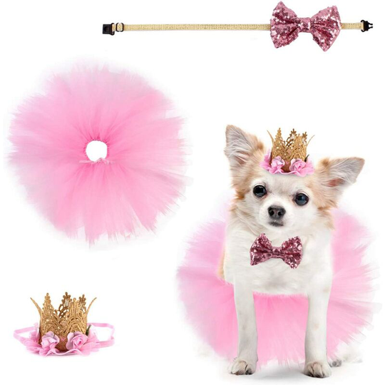 3pcs Dog Costume for Birthday Party Pet Pink Tutu Skirt Crown Hat Sequin Bow Tie with Adjustable Neck Strap for Birthday Wedding Puppy