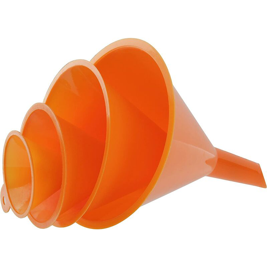 Set of bright orange plastic funnel, versatile, 4 pieces
