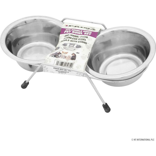 DP - 3PC double pet diner bowl set stainless steel raised stand cats dog puppy feeder