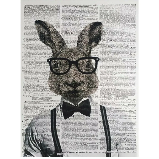 A3 Hare Vintage Dictionary Print - Humanised Animal Wall Art - Hipster Rabbit Print
