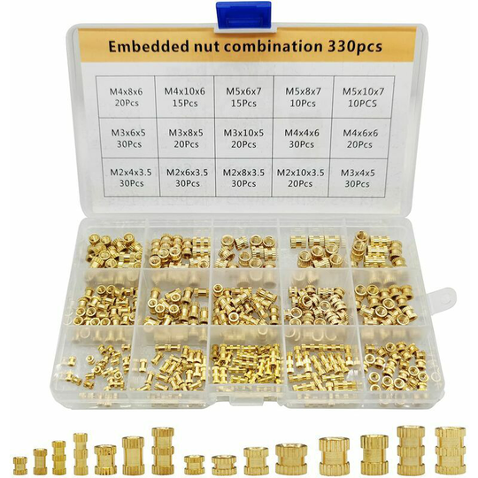 Qersta - 330 Pieces M2/ M3/ M4/ M5 Brass Nut Inserts 15 Sizes Knurled Nuts Female Threaded Embedded Nuts Press Fit In Holes For 3D Prints And More
