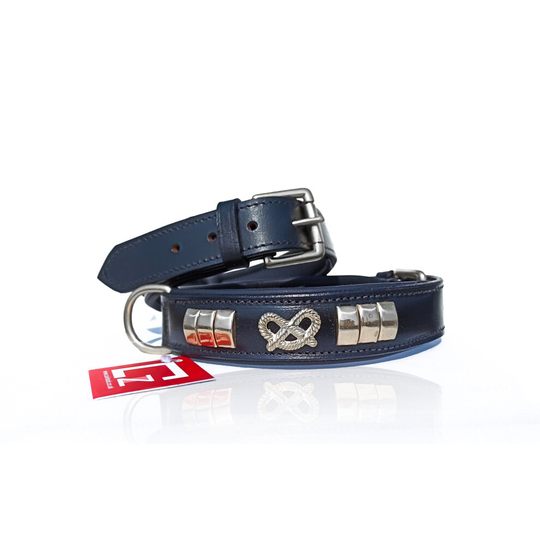 (Black) STAFFORDSHIRE LEATHER DOG COLLAR FITTED WITH BRASS (CHROME PLATED) HARDWARE & STAFFY KNOT