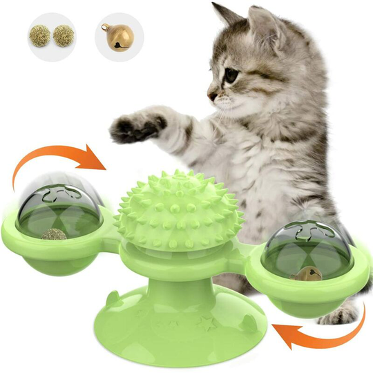 Interactive Cat Toy, Rotating Windmill Cat Toy, Chew Toy Record Player Pet Hair Brush Cat Toys Catnip - Green(A)