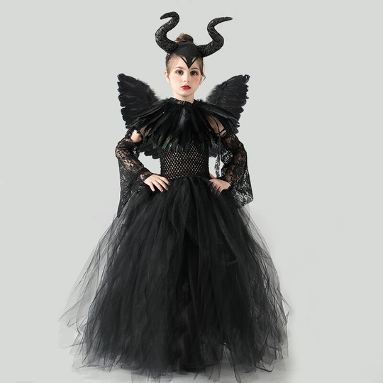Readcly - Kids Girls Maleficent Costume Maleficent Fancy Dress Wicked Witch Black Queen Cosplay Tutu Dress+Horns+Black Angel Wings Carnival Party