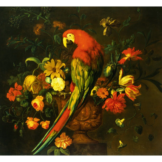 'Painting of a Scarlet Macaw Perched on a Sculpted Urn with a Bouquet' Painting