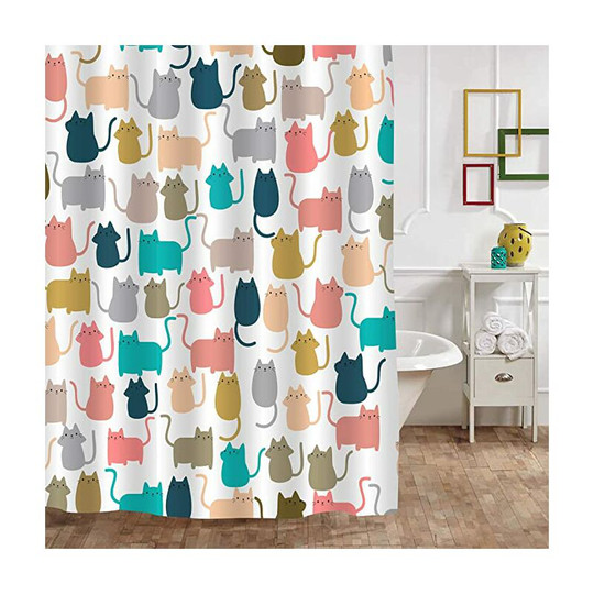 Ilovemilan - Cute Cat Shower Curtain, Colorful Cartoon Happy Kitty Cat Kitten Pattern Bathroom Decor for Women, Kids Girls, Waterproof Fabric
