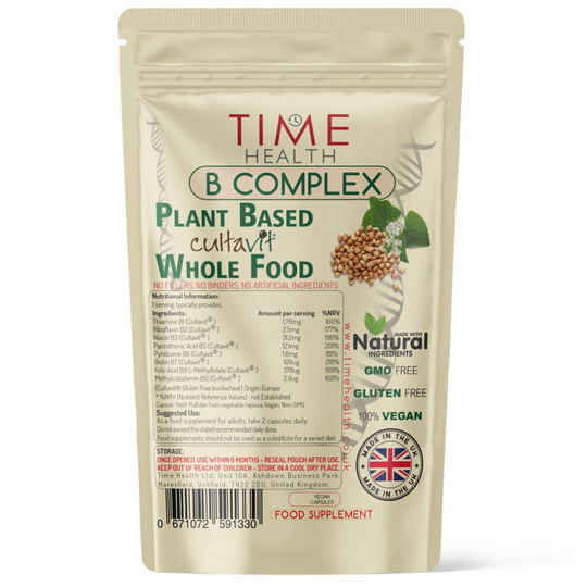 (120 Capsules) Vitamin B Complex Whole Food Plant Based Cultavit - Natural, Non-Synthetic B Vitamins - Pullulan