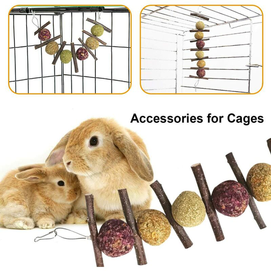 2 Natural Ball and Stick Chew Toys for Rabbit, Hamster, Parrot, Chinchilla, Guinea Pig and Gerbil Made from Grass and Rose