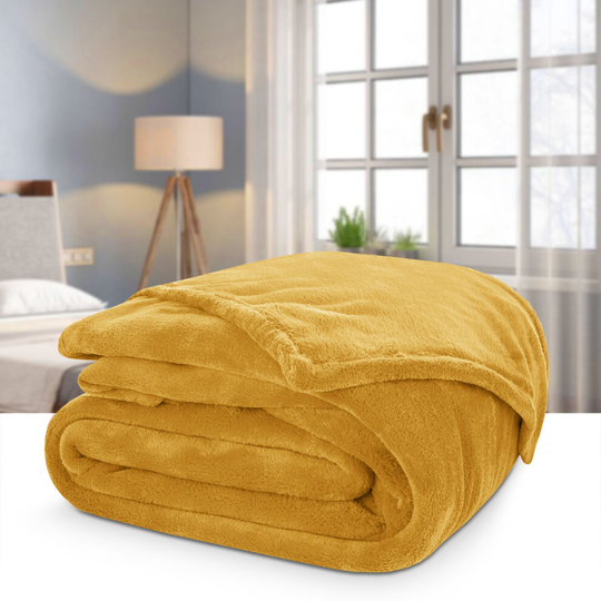 (MUSTARD, DOUBLE) Ultra Soft Fluffy Warm Thick Blanket Throws Mink