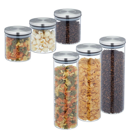 Storage Jars in Set of 6, in 2 Sizes, 500/ 1600 ml, Airtight Lids, Store Dry Food, Glass, Transparent/Silver - Relaxdays