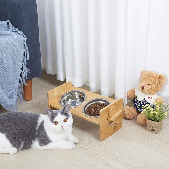 Bingopaw Raised Pet Bowls Cat And Small Dog Bowl Station Bamboo Stand And Stainless Bowls, Height Adjustable Spine Protection Feeder