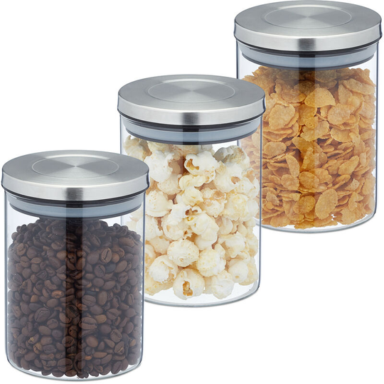 Storage Jars in Set of 3, 650ml Capacity, Steel Airtight Lids, Dry Food Storage, Glass, Transparent/Silver - Relaxdays