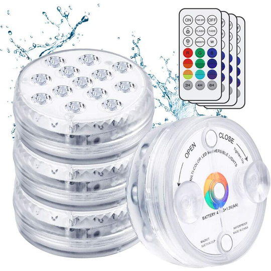 Led submersible light, 4PCS 13LED underwater lights IP68 waterproof 16 colors rgb with suction cups and rf remote control, lighting for aquarium,