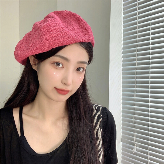 Simple textured beret for women breathable, versatile, sweet and fashionable painter hat (rose red)