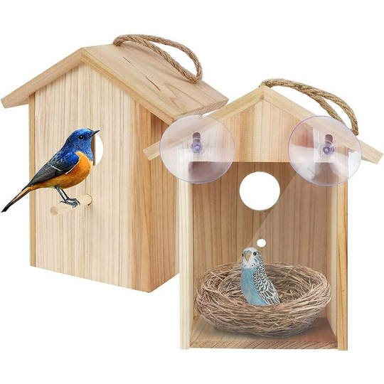 Aougo - Window Birdhouse with Strong Suction Cup and Lanyard for Outdoors - See Through Upgraded Wooden Birdhouse Outdoors, Transparent Bird Nest for