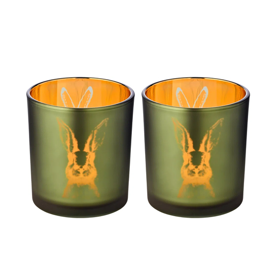 Set of 2 rabbit tealight holders (height: 8cm, diameter 7cm), green/gold, lantern in rabbit design, tealight glass