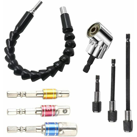 105 Degree Right Angle Drill Adapter + 7mm19mm Universal Ratchet Wrench Drill Adapter + 1/4 Flexible Extension Soft Shaft Drill Bit Holder + 3 Impact