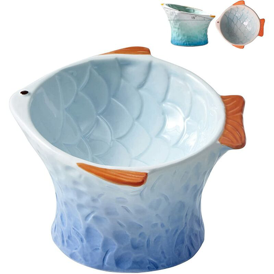 Raised Tilted Ceramic Cat Bowl - Cute Elevated Slanted Shallow Angled Cat Dish