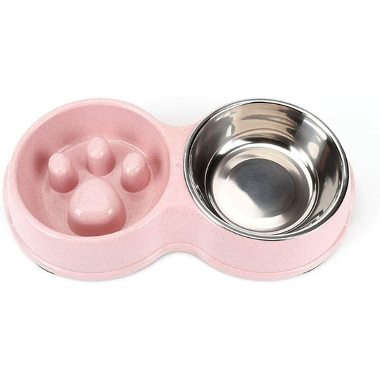 Double Pet Dog Slow Feeder Bowl,Stainless Steel Anti-Choke Puppy Food and Water Feeder for Dog Cats (Pink)