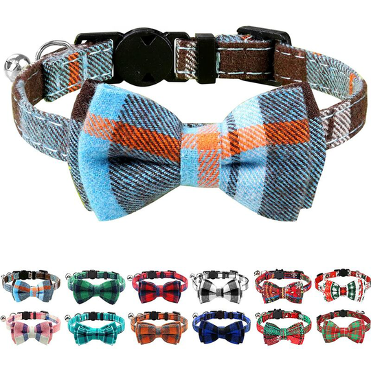 Breakaway Cat Collar with Bow Tie and Bell, Cute Plaid Patterns, 1 Pack Kitty Safety Collars,Haze Blue