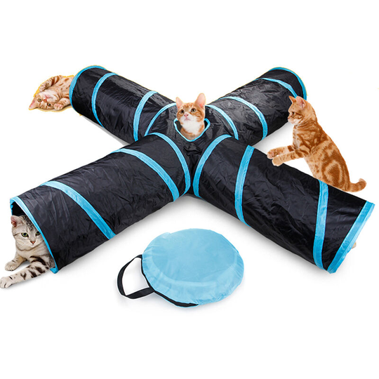 Cat Tunnel 4 Way Pet Play Tunnel Collapsible Tunnel Toy for Cats Dogs Rabbits Pets, blue-4 Way Tunnel - blue-4 Way Tunnel
