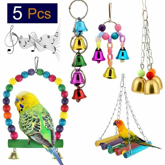 Joorrt - Bird Toys for Parrot, 5 Pieces Parrot Toys, Bird Toy Swing Bird Toy, Bridge Ladders, Hanging Toy Bells, for Parrot, Parakeets, Macaws,