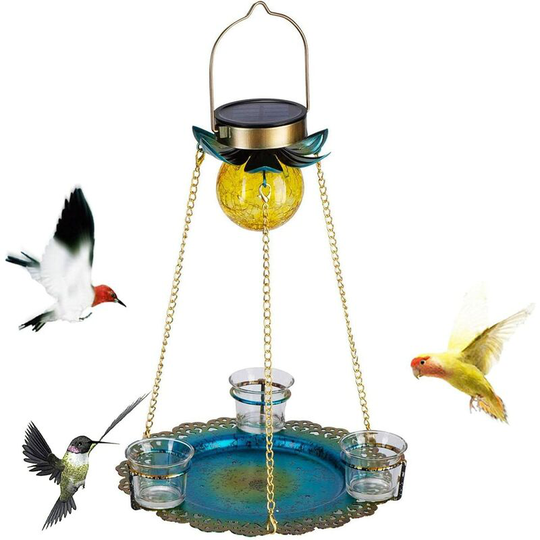 Bird Feeder, Solar Hanging Bird Feeder Tray, Garden Metal Art Tray with 3 Cups, Bird Feeder