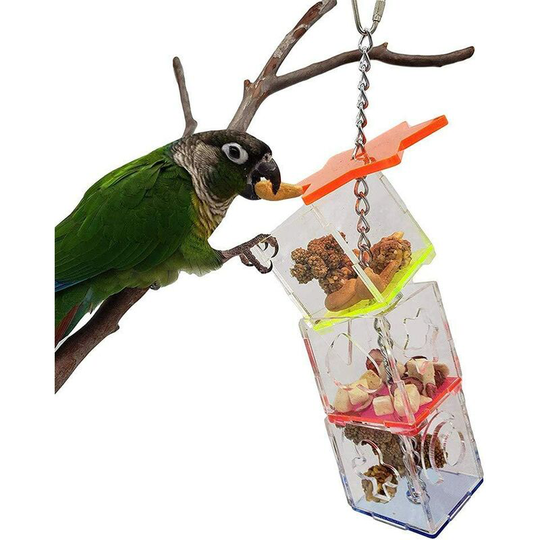 Bird Food Toy, Parrot Hanging Chew Food Toy, Transparent 3-Layer Dispenser Holder, Hanging Forage Cage Toy (Toy Not Included)