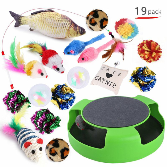 Cat Toys, 19 Pieces Cat Toys Set, Interactive Indoor Cat Toys Kitten Toys, Cat Wand, Catnip Toys Fish