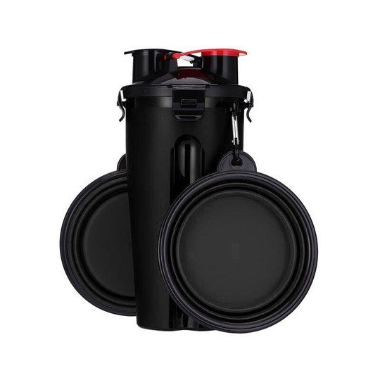 Muff - Portable Pet Water Bottle and Food Container for Travel 2-in-1 Chamber Bottle with 2 Collapsible Bowls (Black)