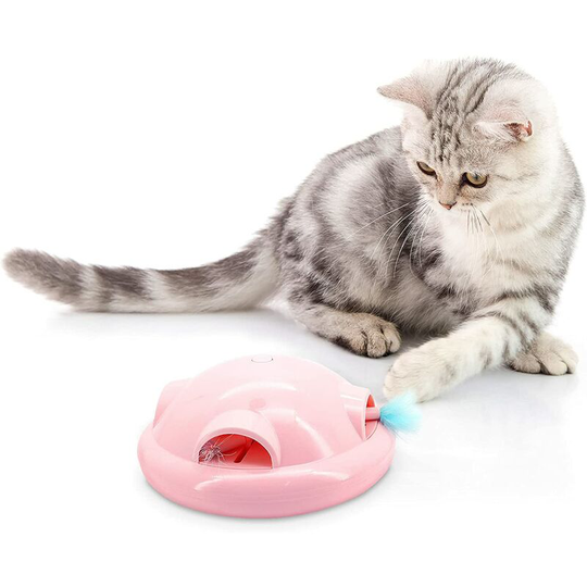 Indoor Cat Toy - Interactive Feather Toy - Smart Rotating Toy - With Color LED Light - Smart Voice Control (Pink)