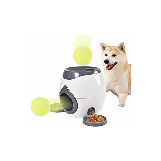 Monly - Pet toy, launcher, automatic pet feeder with 1 food scoop and 2 tennis balls for feeding pets and exercising thinking and coordination