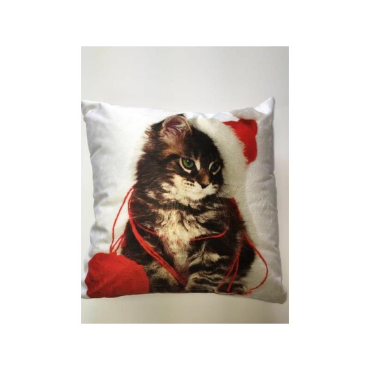 Photographic Kitten Cushion Cover Scatter Square Christmas Santa Hat White New - White