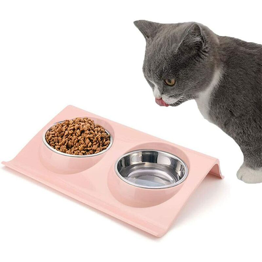 Double Stainless Steel Cat Bowl, Double Bowl for Small Dogs, Double Bowl for Pets, Double Bowl for Cat, Bowl for Cat and Dog - Pink