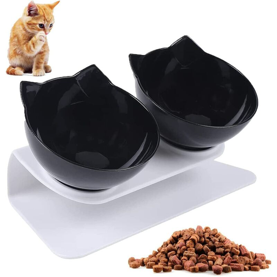 Cat Bowls, Cat Bowl, Double Cat Bowl, 15 ° Tilting Holder, Non-slip, to Reduce Neck Pain in Pets, for Small Cats And Dogs (Black)