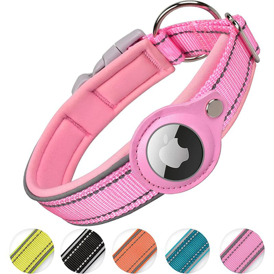 Aougo - Reflective AirTag Dog Collar, Apple Air Tag Heavy Duty Dog Collar [Large] Padded Pet Collar with AirTag Case Holder Accessories (Pink, l)
