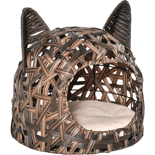 Wicker Cat Bed Elevated Rattan Kitten Basket Cozy Cave w/ Soft Cushion - Brown - Pawhut